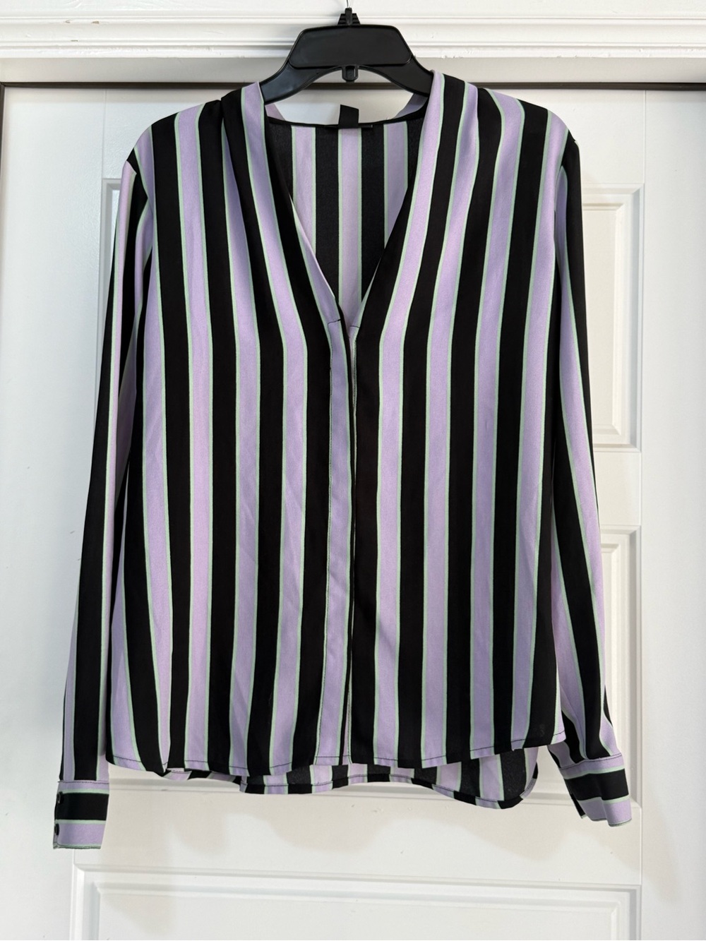 Halogen Lavender and Black Vertical Stripe V-Neck Blouse